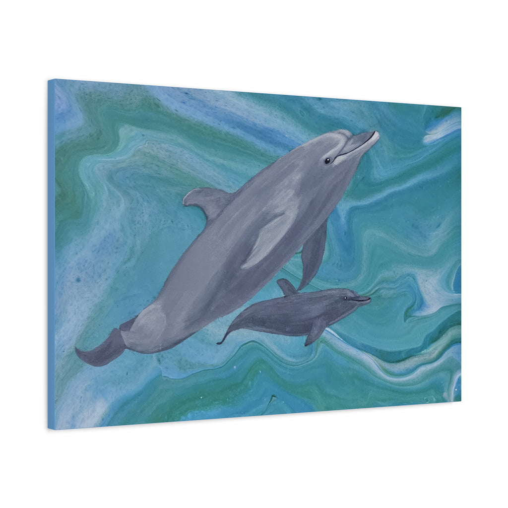 Canvas print with two dolphins swimming against a blue and green abstract background