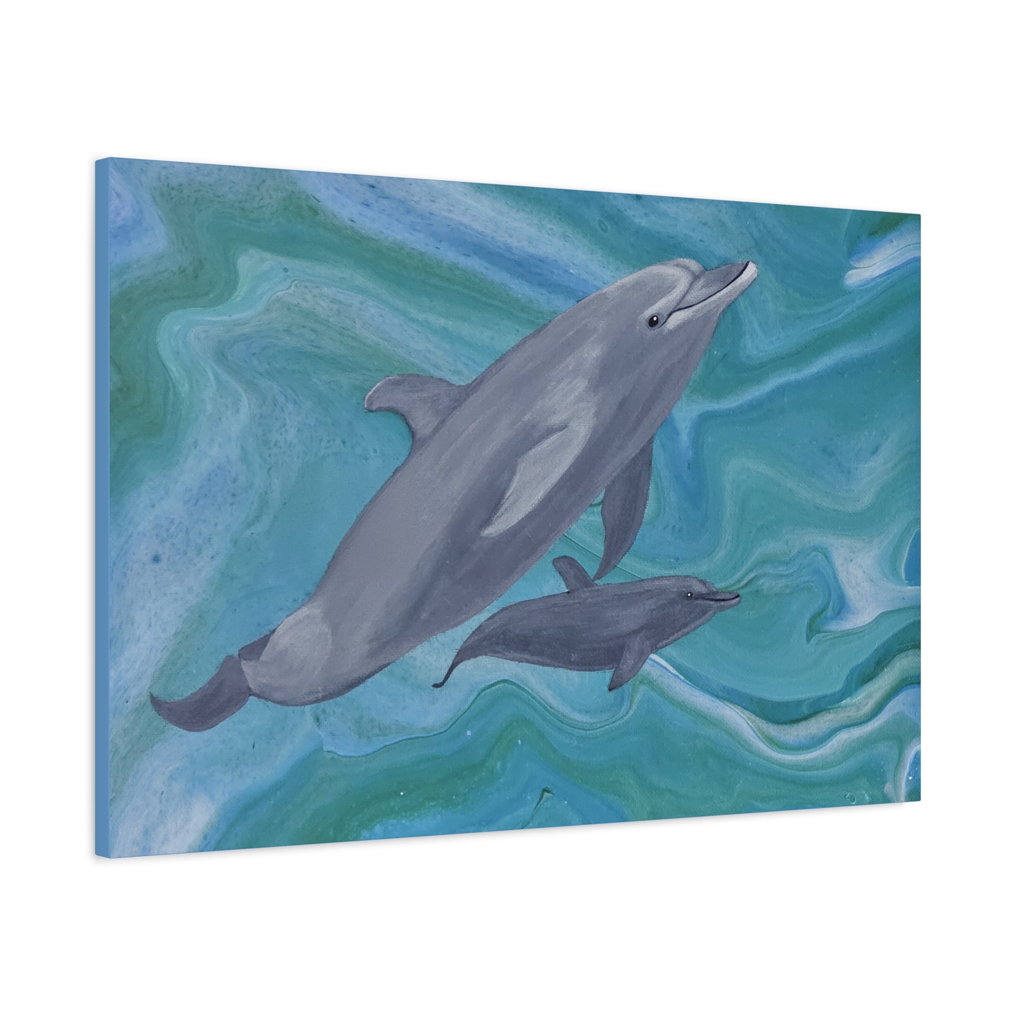 Canvas print with two dolphins swimming against a blue and green abstract background