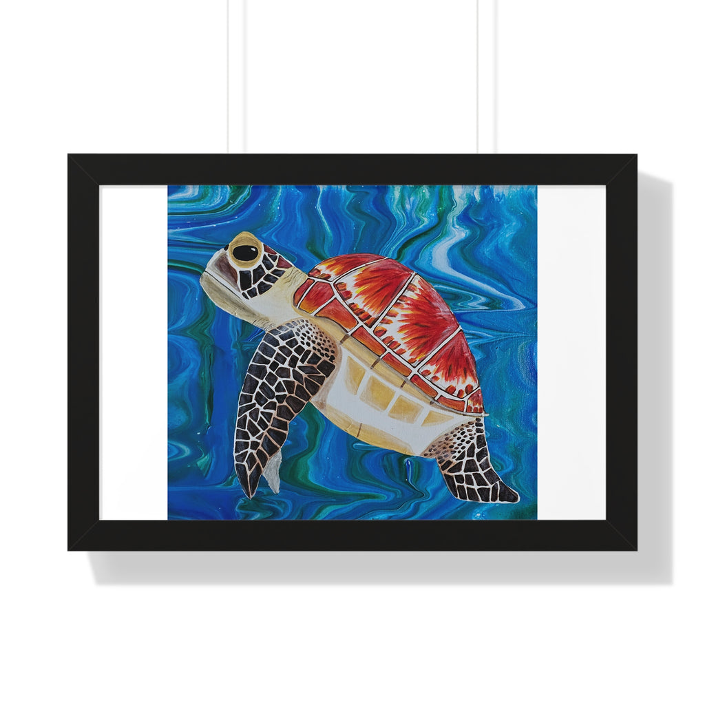Framed artwork of a colorful turtle on a blue wave background