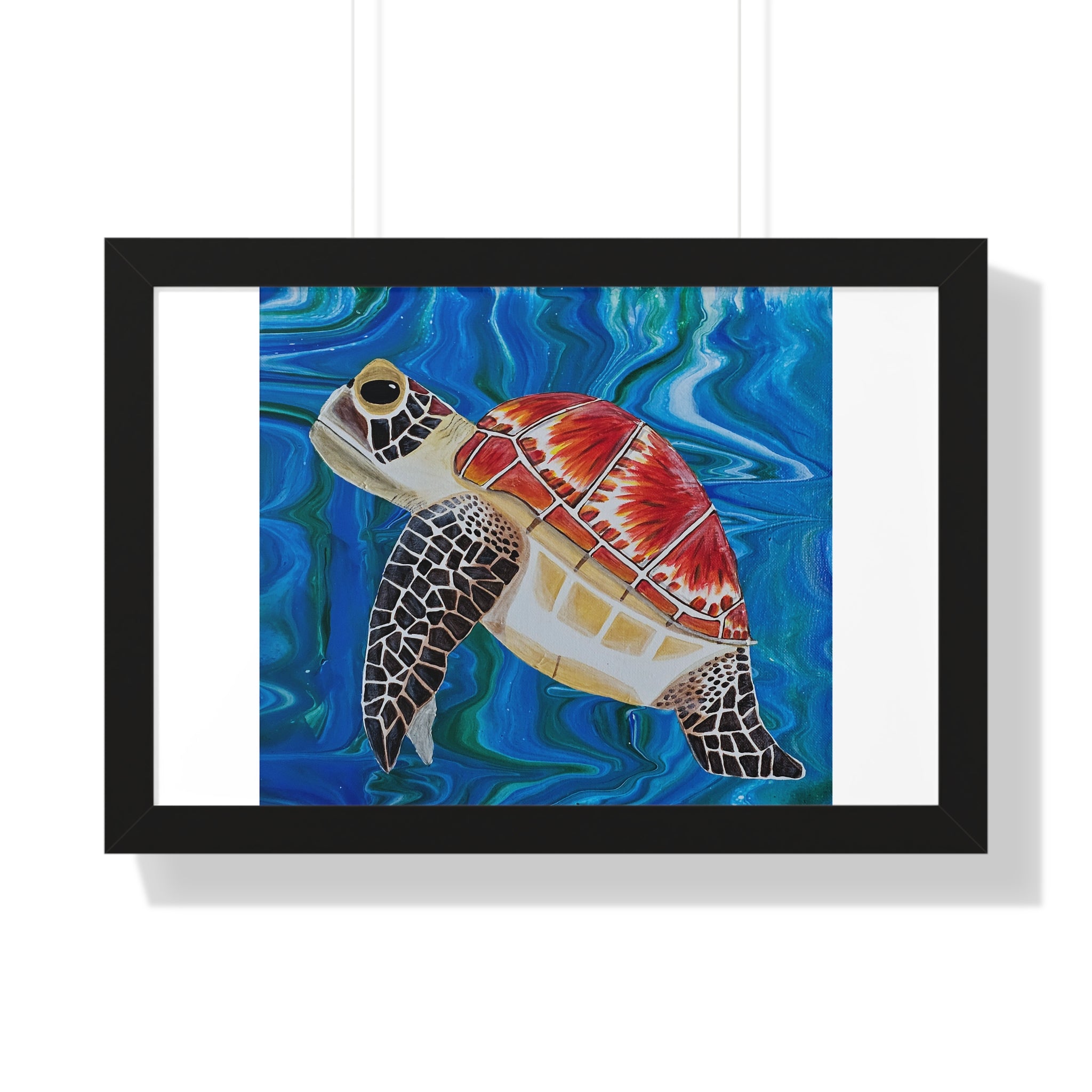 Framed artwork of a colorful turtle on a blue wave background