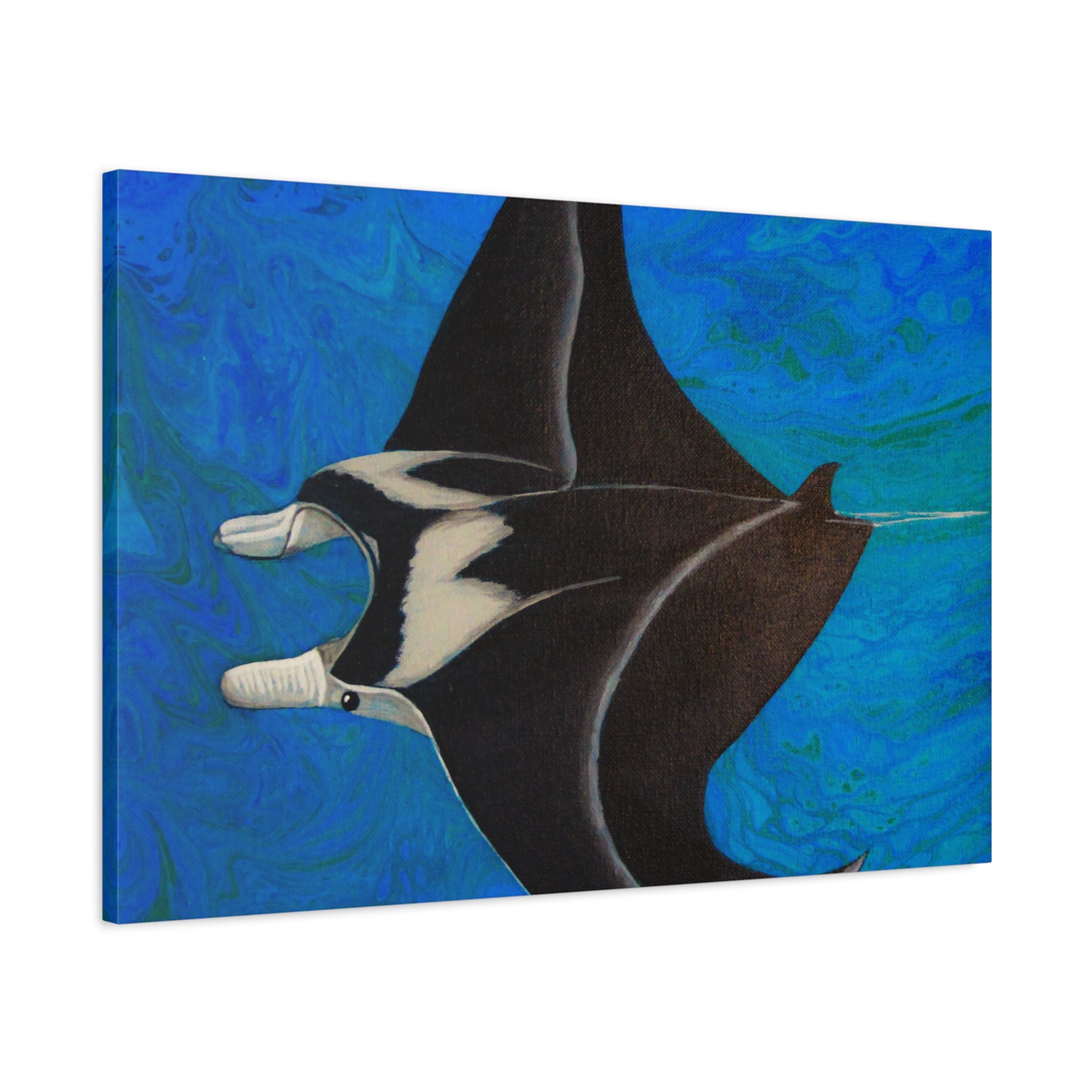 Canvas print of a manta ray against a blue abstract background