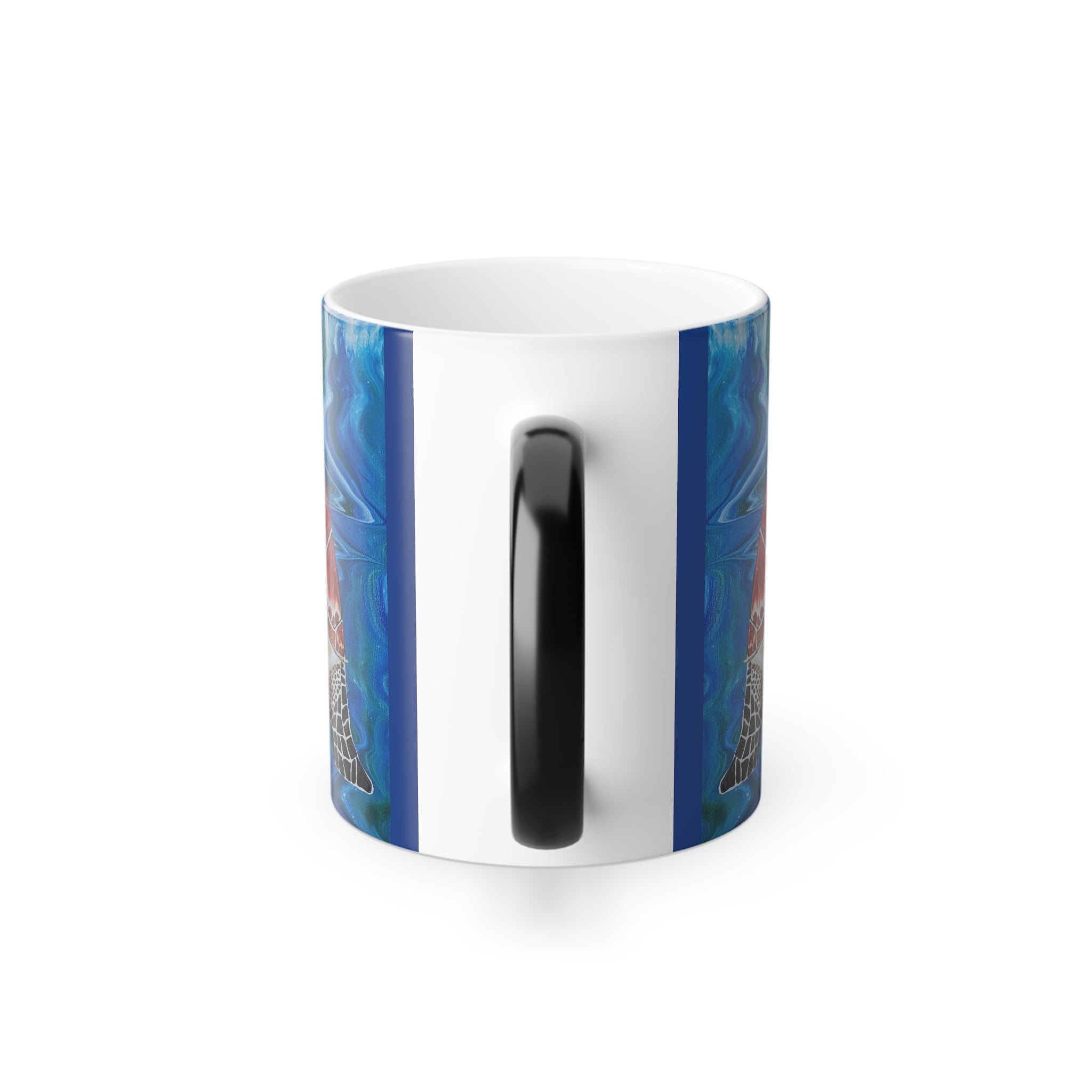 White mug with blue and red abstract design on a white background