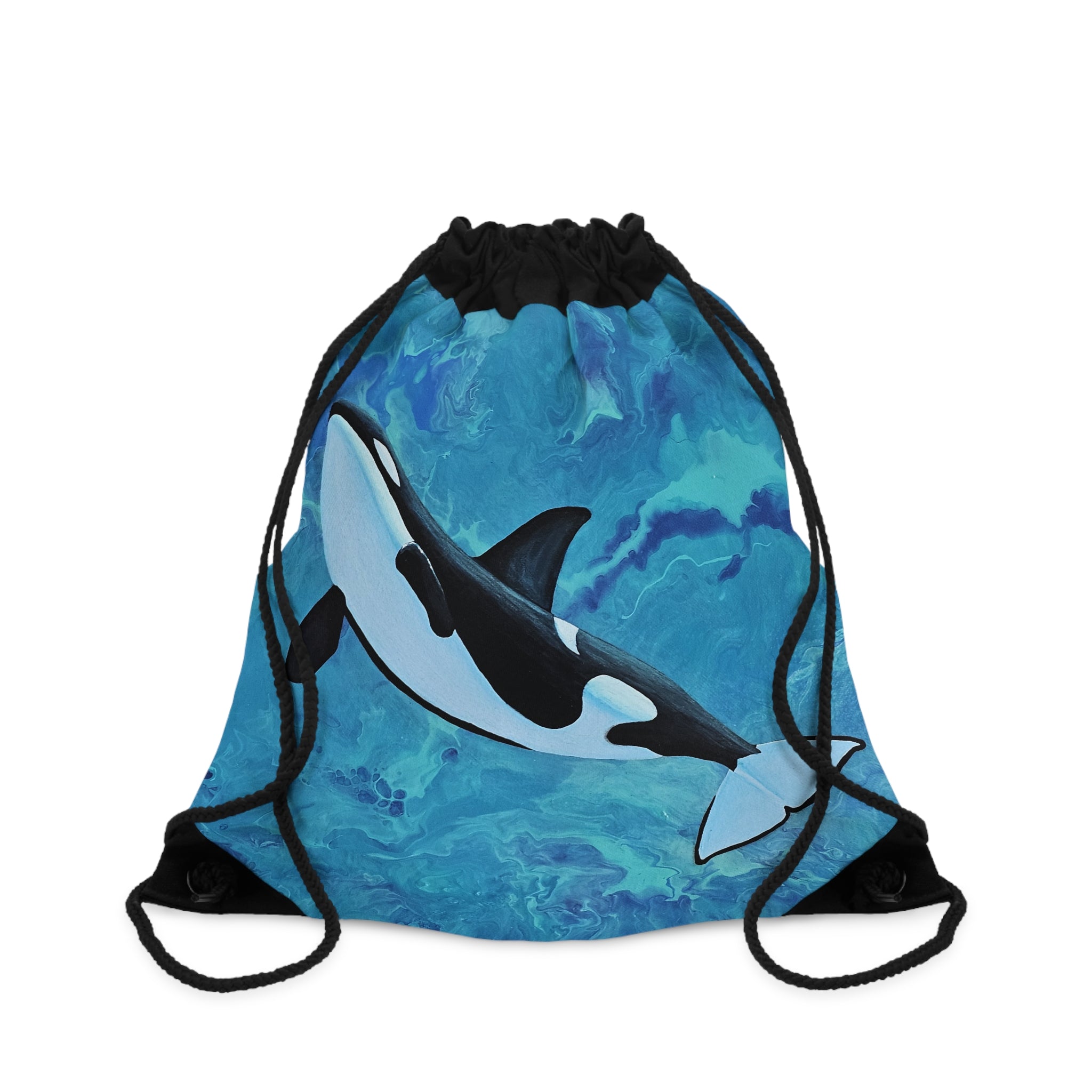 Drawstring bag with an orca whale design on a blue watercolor background