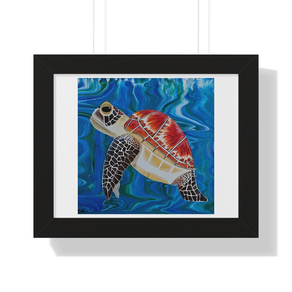 Framed artwork of a turtle with a colorful shell on a blue wave background