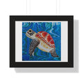 Framed artwork of a turtle with a colorful shell on a blue wave background