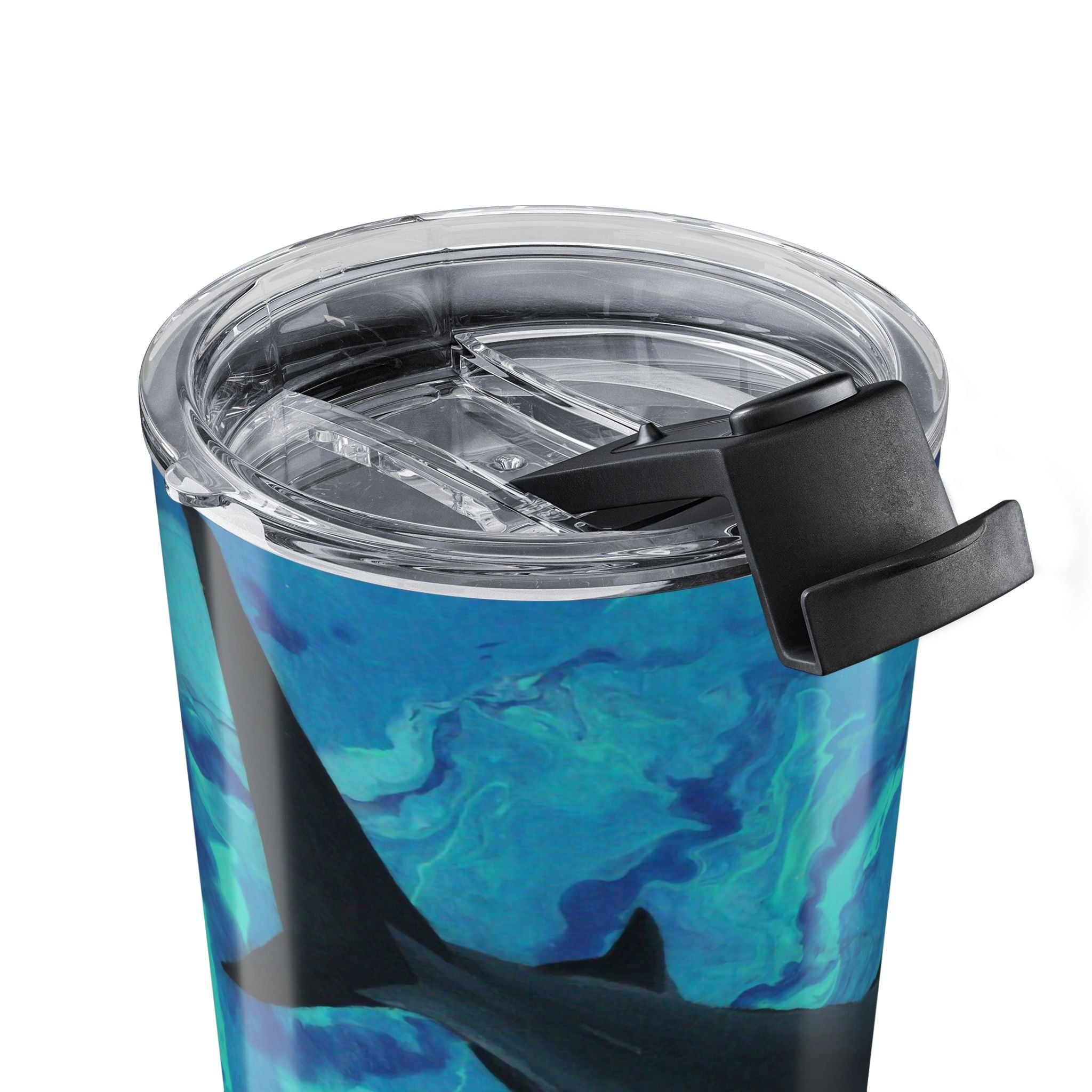 Shark on Blue and great marbled tumbler with a clear lid and black grip on a white background