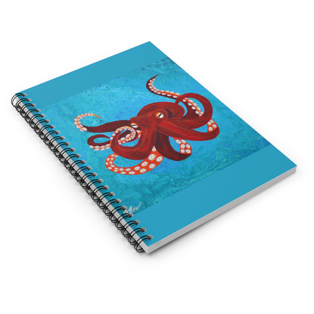 Notebook with a red octopus design on a blue background