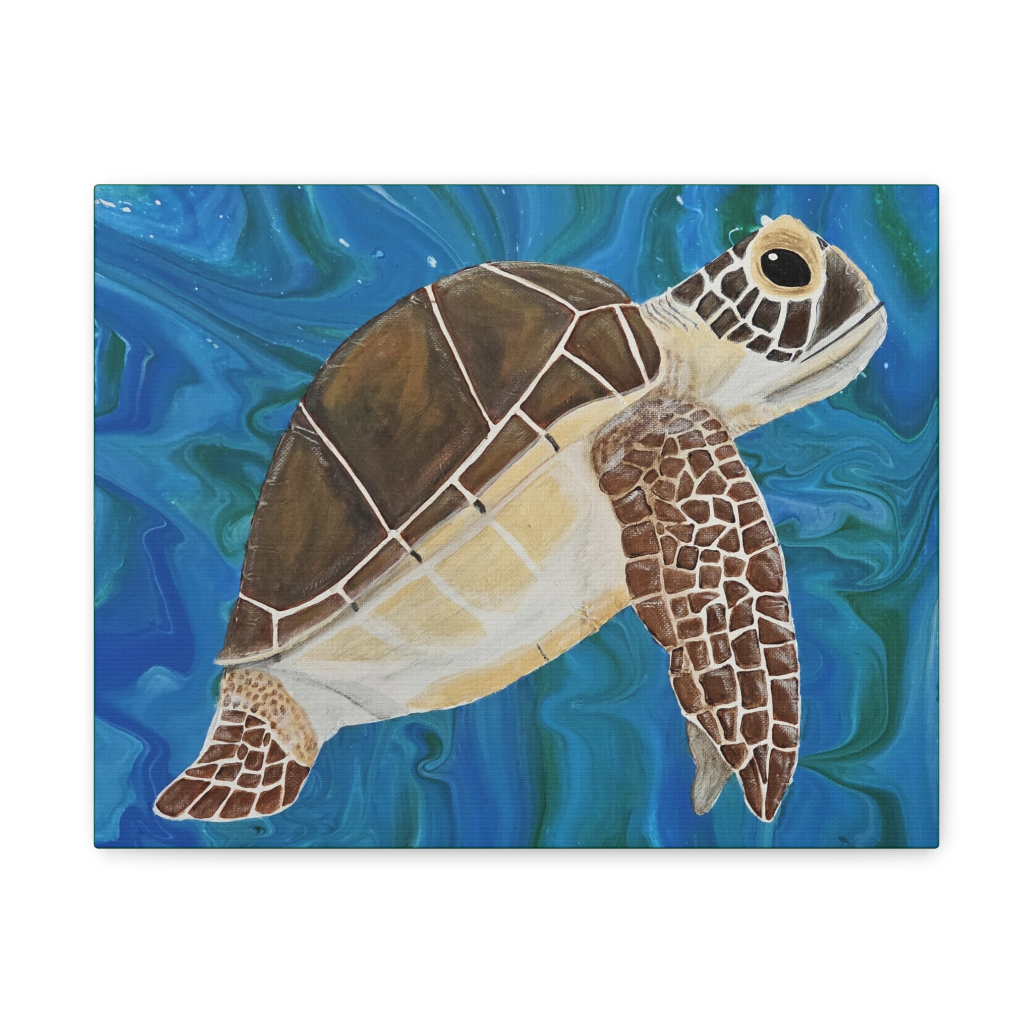 Painting of a turtle on a blue and green abstract background