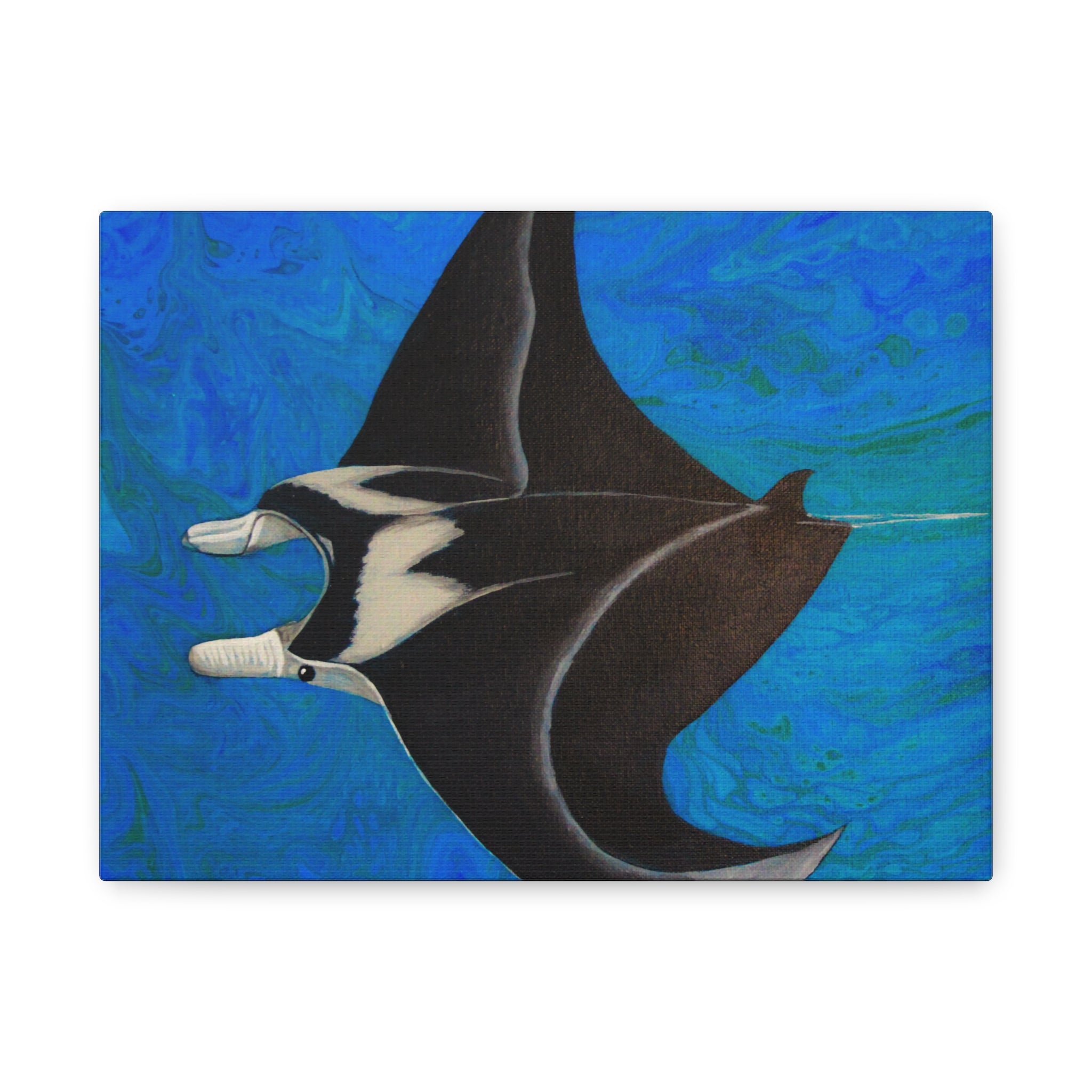 Painting of a manta ray against a blue abstract background