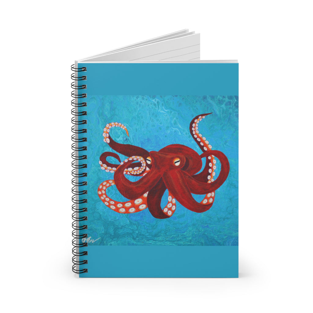 Notebook with a red octopus design on a blue background