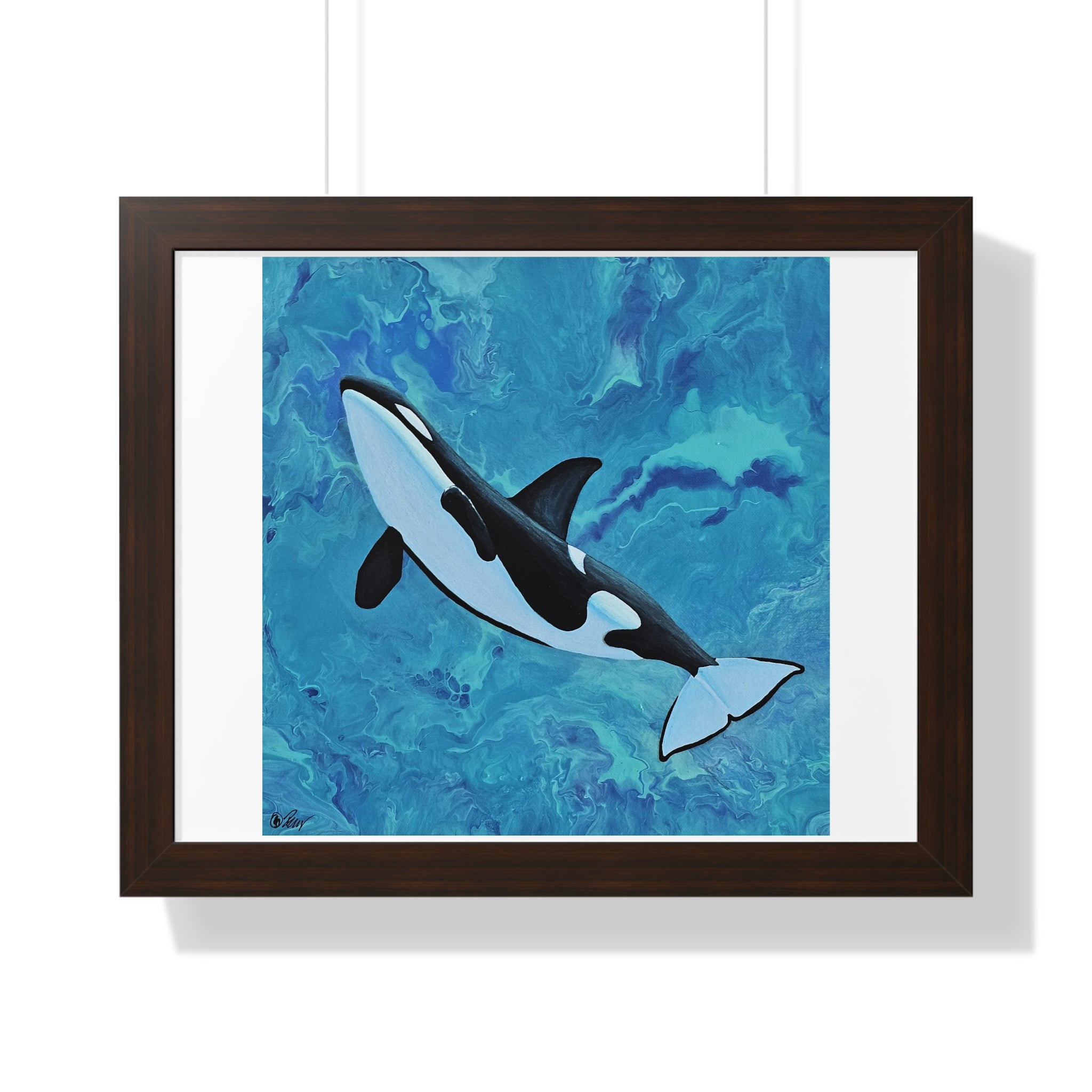 Framed artwork of an orca whale on a blue abstract background