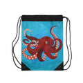 Drawstring bag with a red octopus design on a blue background