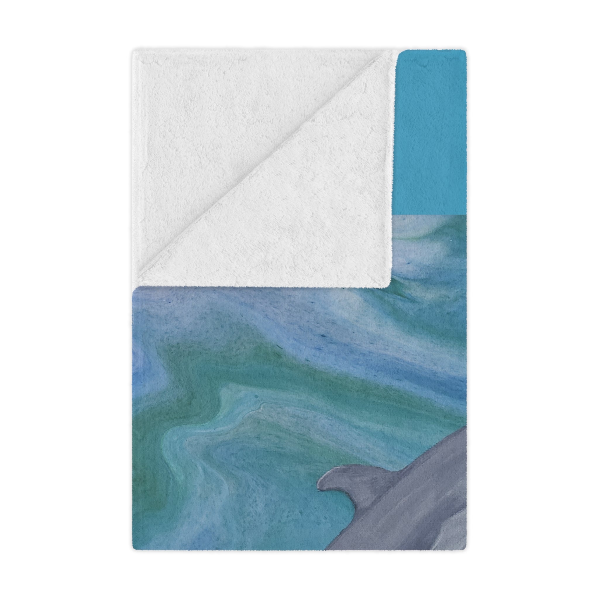 Folded blanket with blue and green marbled pattern on a white background