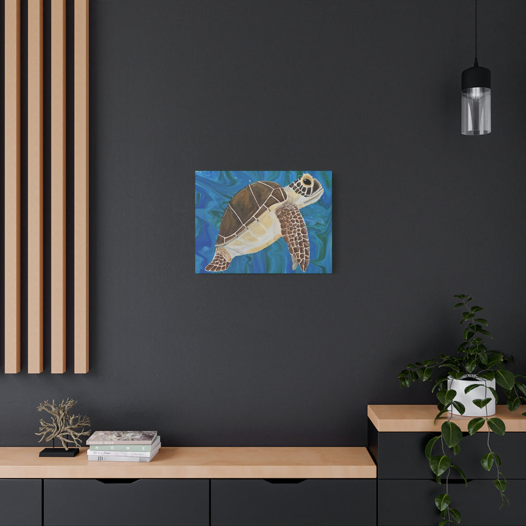 Canvas artwork of a turtle on a dark wall with wooden shelves and decor.