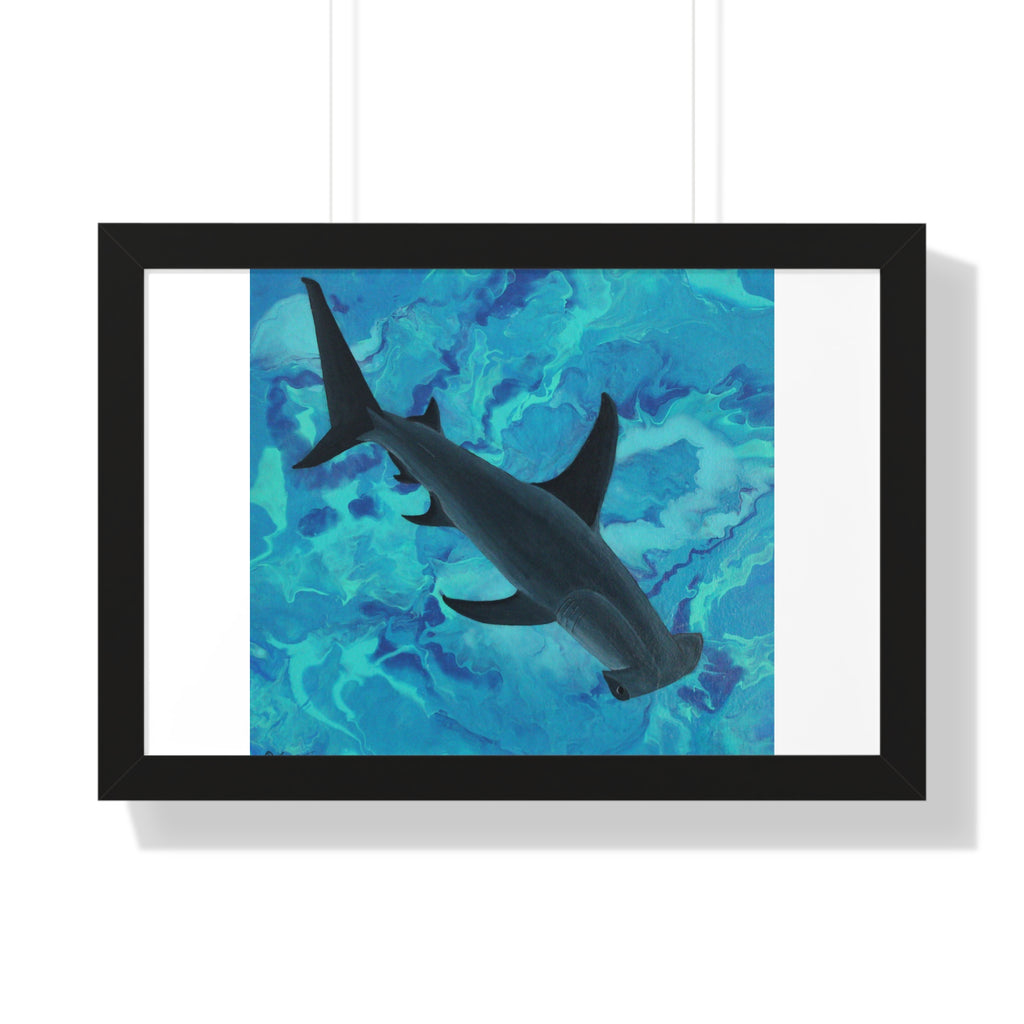 Framed artwork of a shark swimming underwater with blue and green hues.