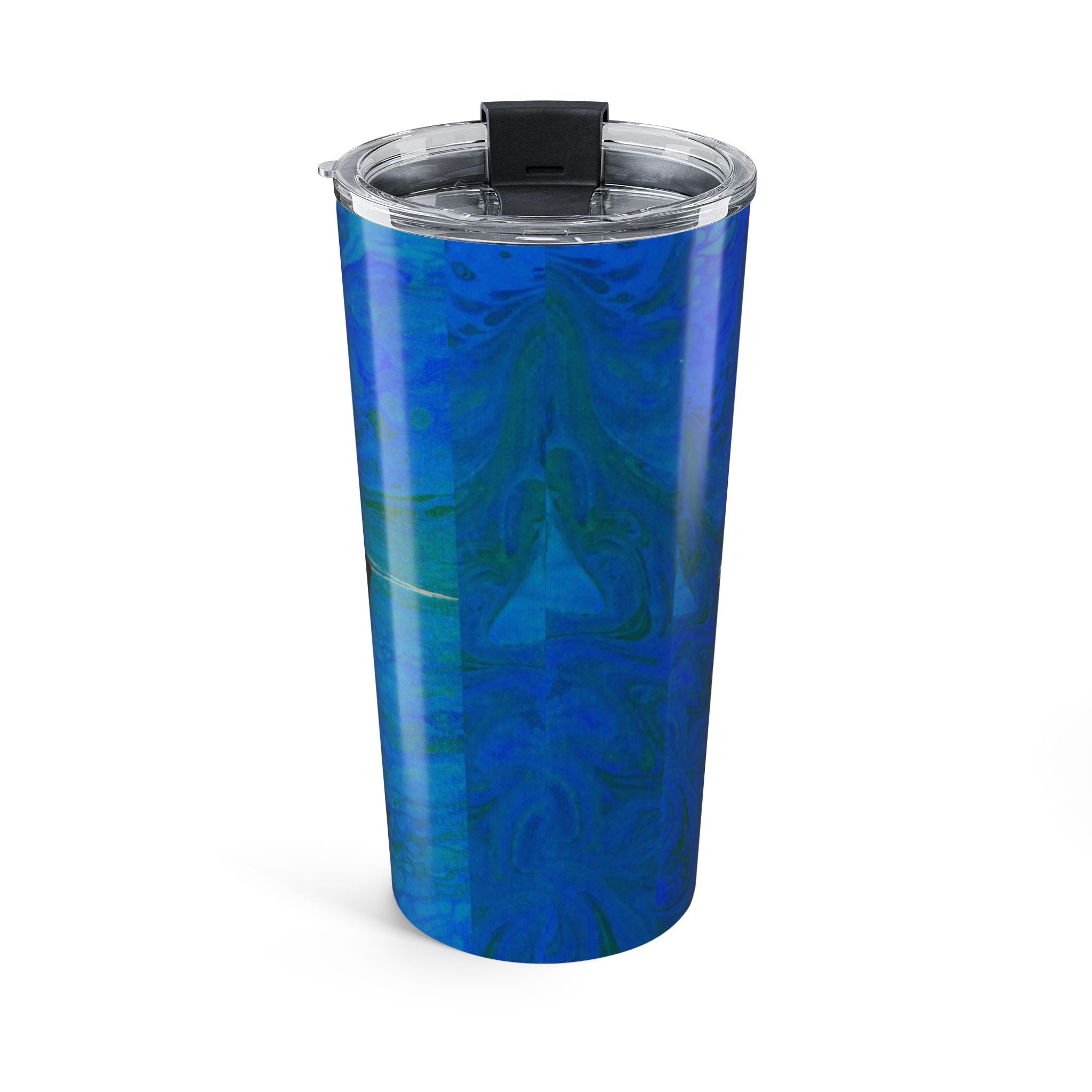 Blue marbled tumbler with a black lid on a white background
