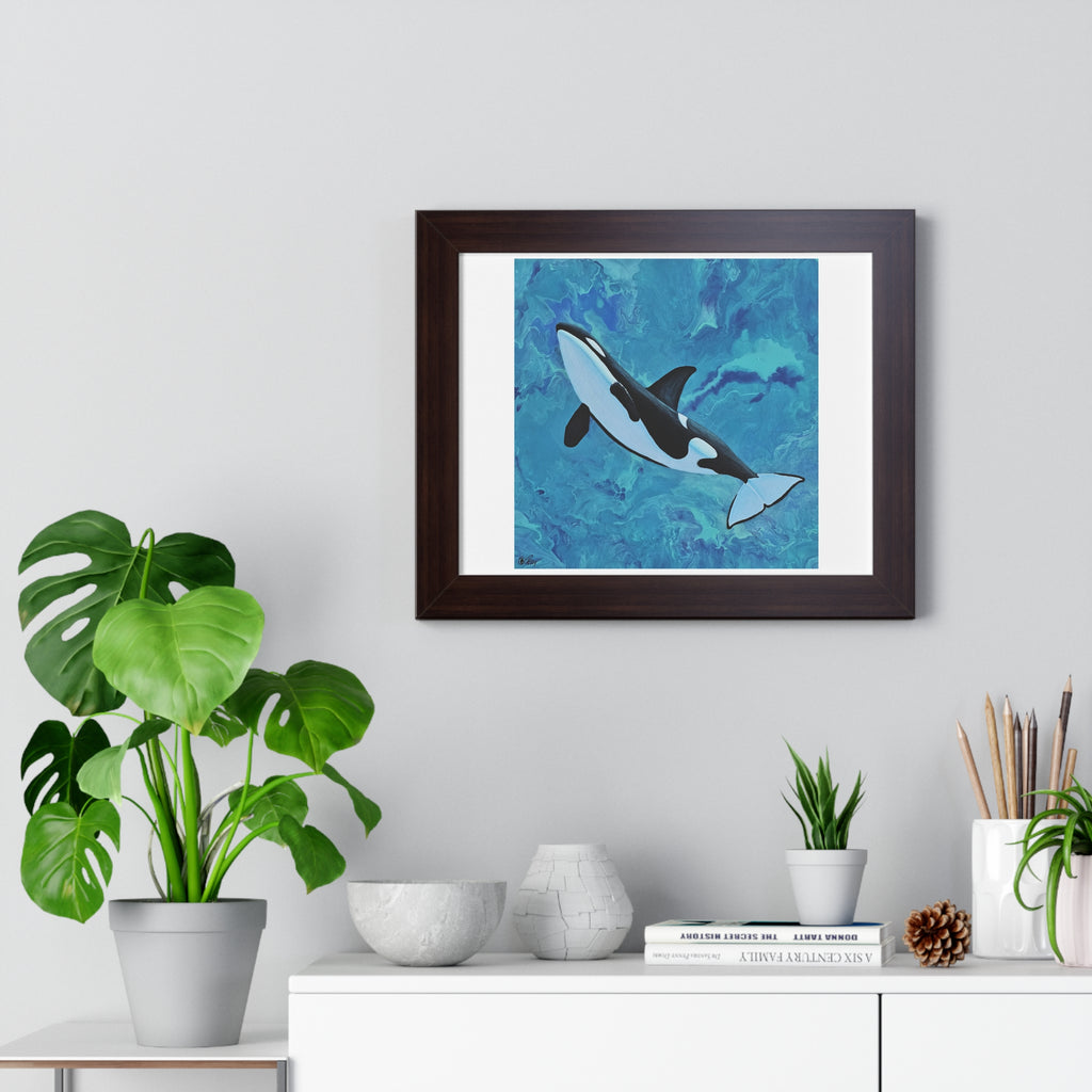 Framed artwork of a shark on a wall above a shelf with decor items.
