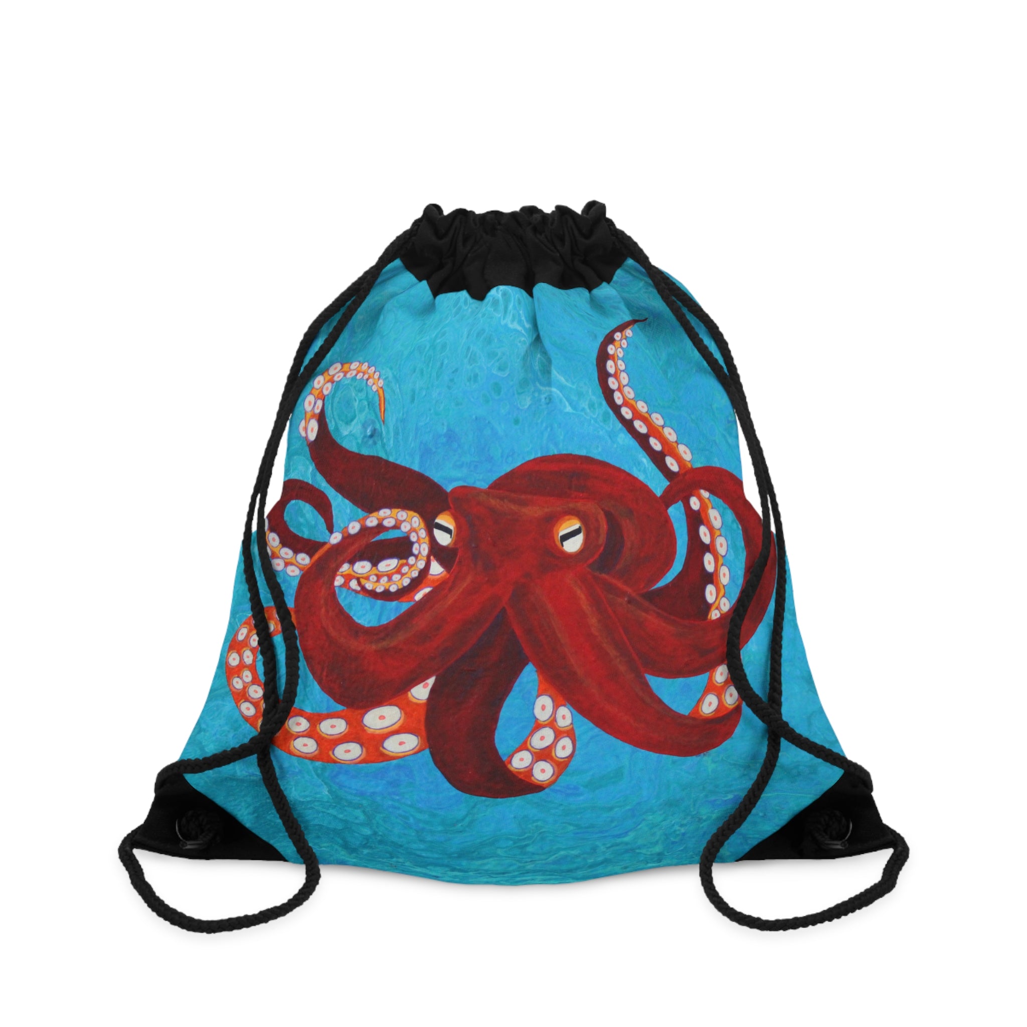 Drawstring bag with a red octopus design on a blue background
