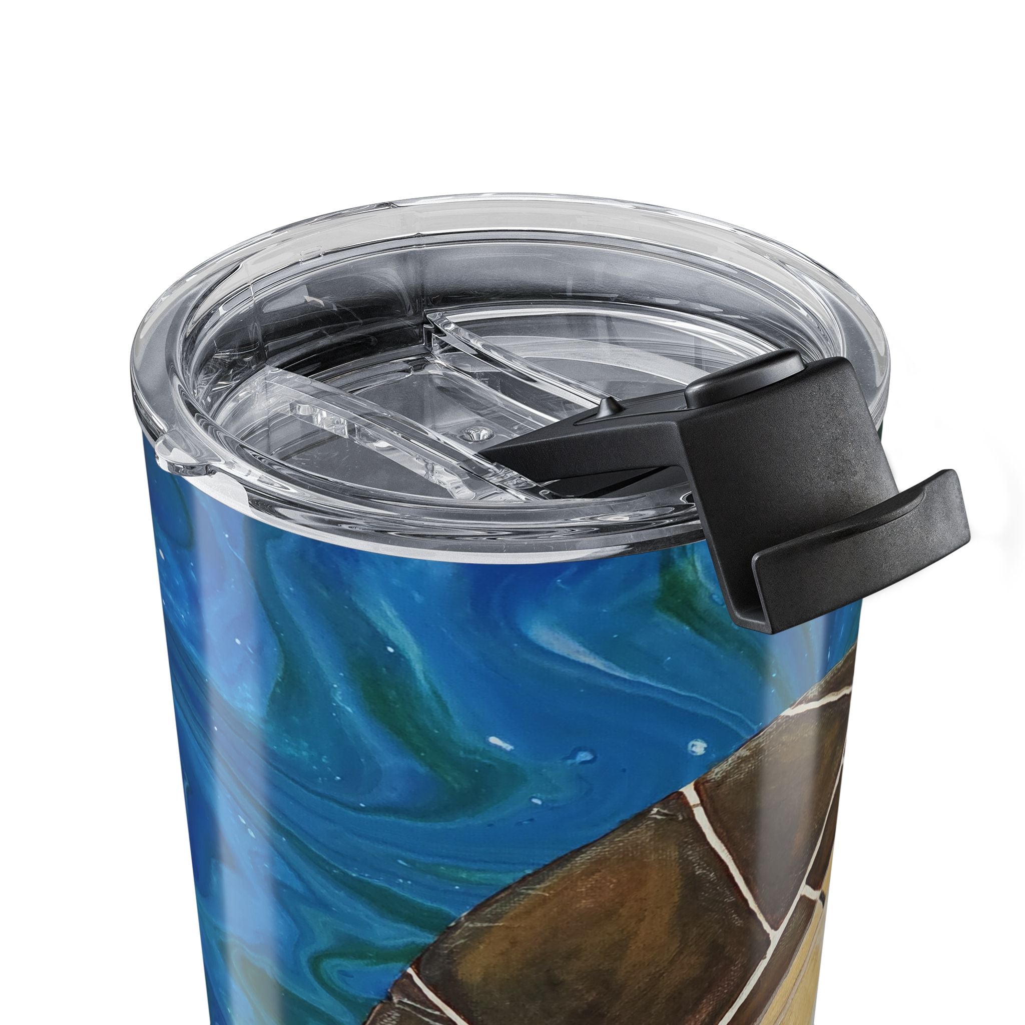 Blue and brown marbled tumbler with a clear lid and black handle on a white background