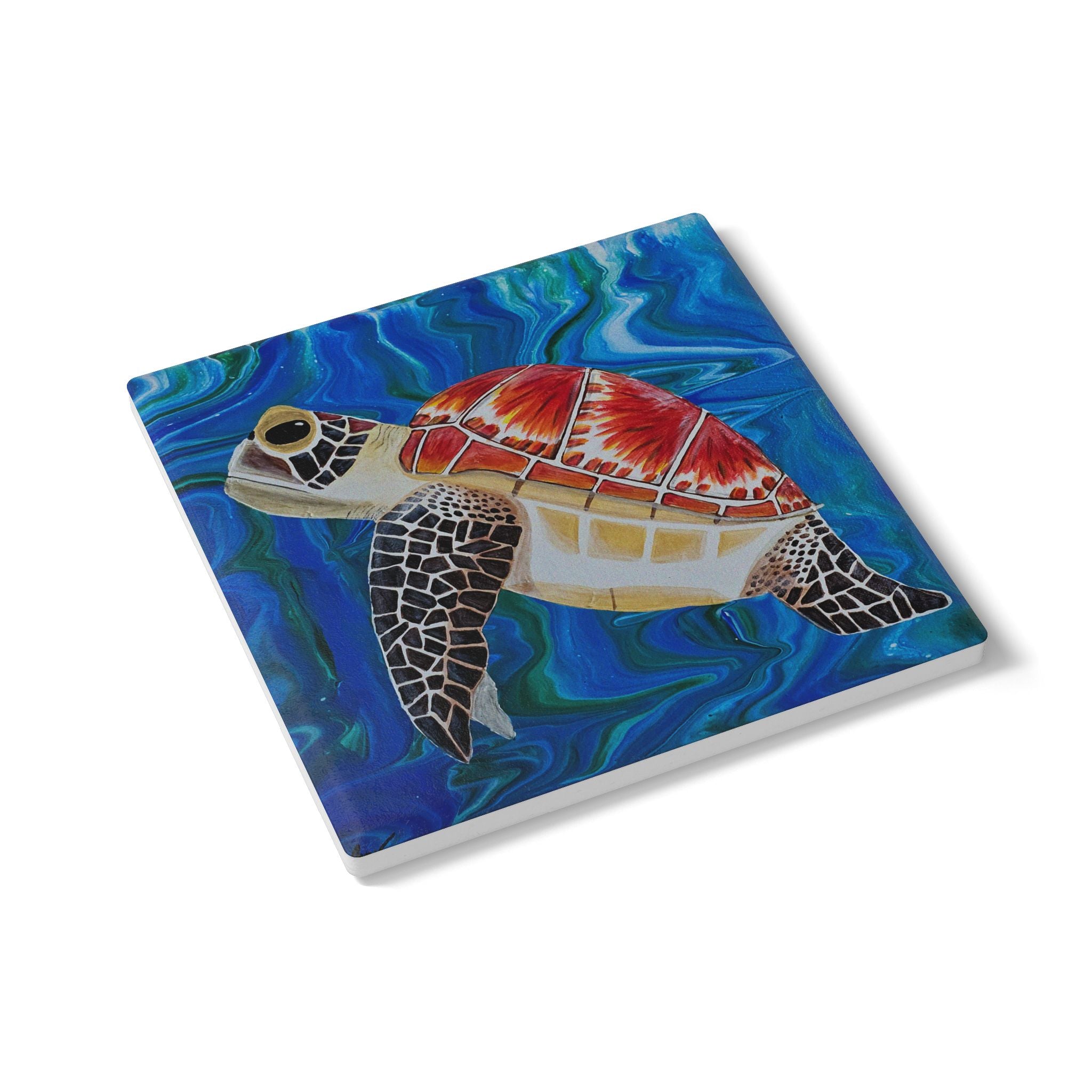 Coaster with a turtle design on a blue underwater background