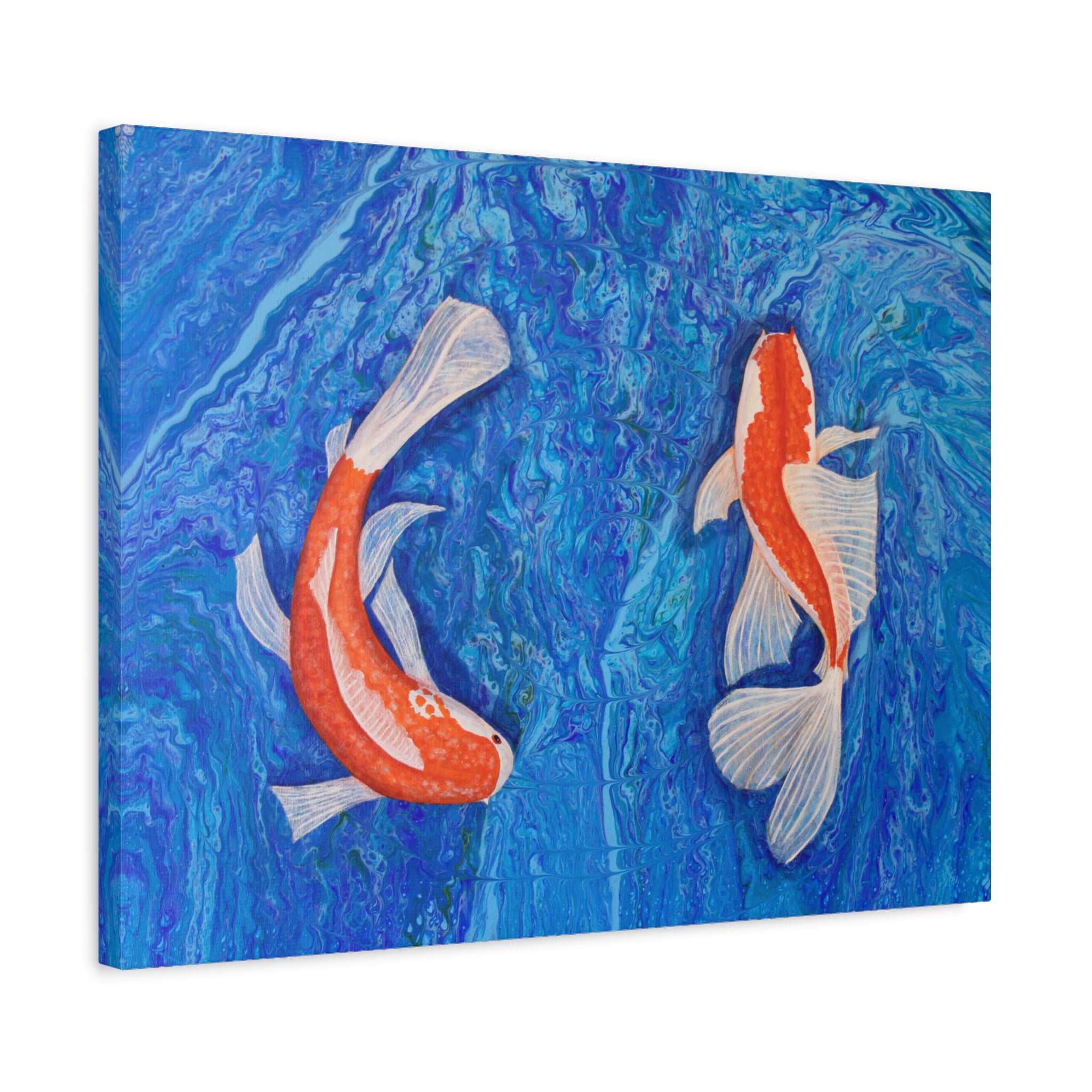 Canvas print of two Koi fish swimming against a blue watercolor background