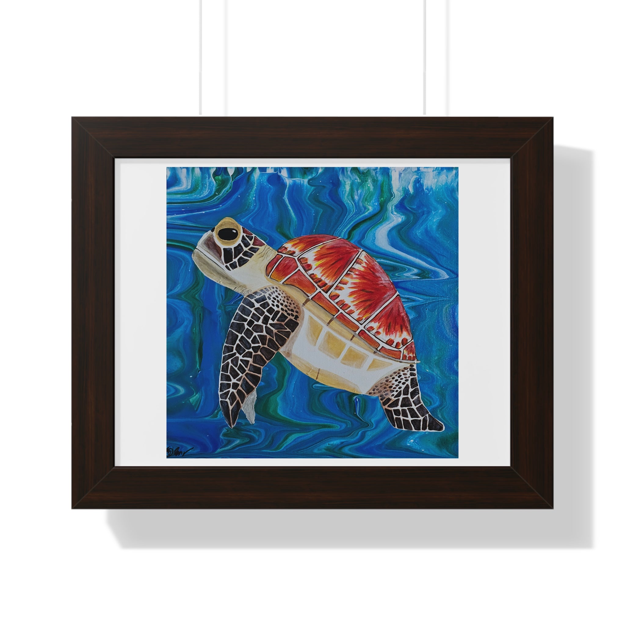 Framed artwork of a colorful turtle in an underwater scene