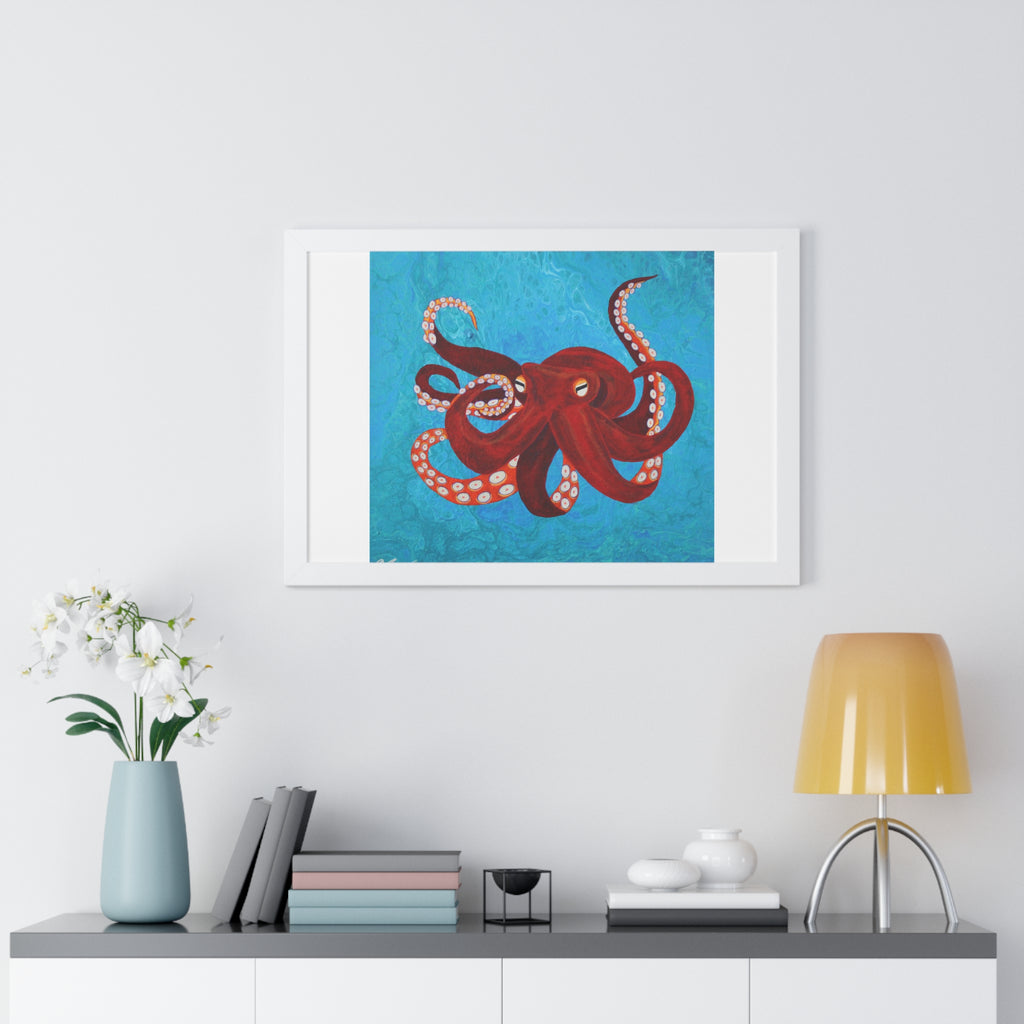 Framed artwork of a red octopus on a blue background above a shelf with decor items.