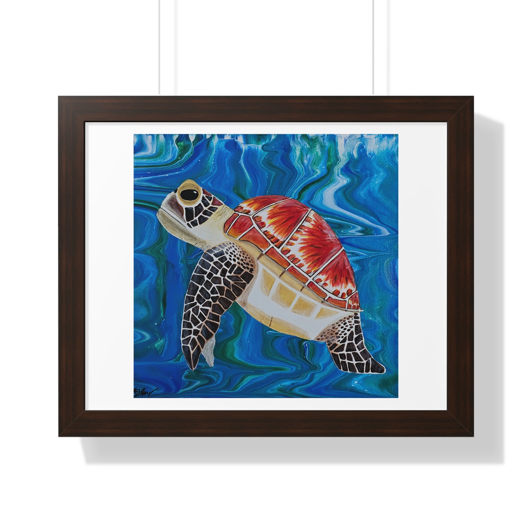 Framed artwork of a turtle with a colorful shell against an underwater-themed background.