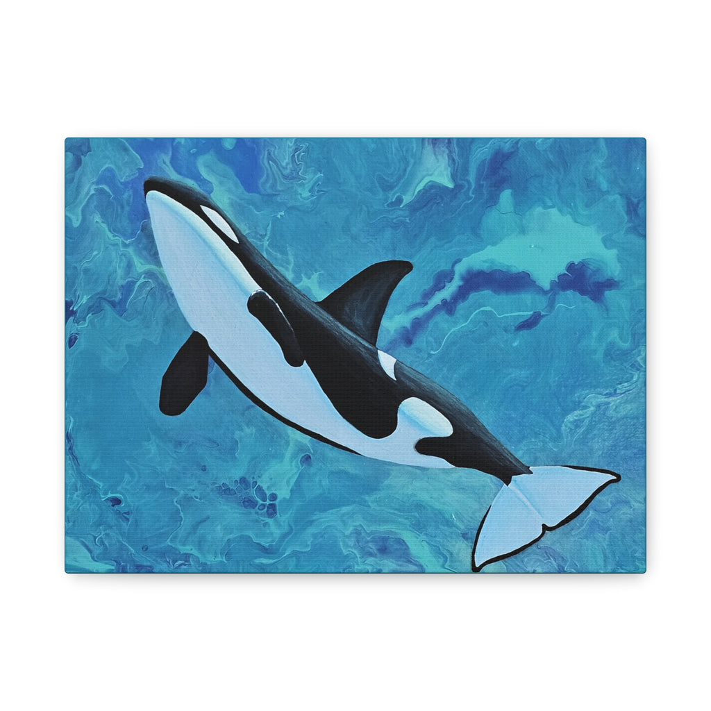 Orca whale illustration on a blue abstract background