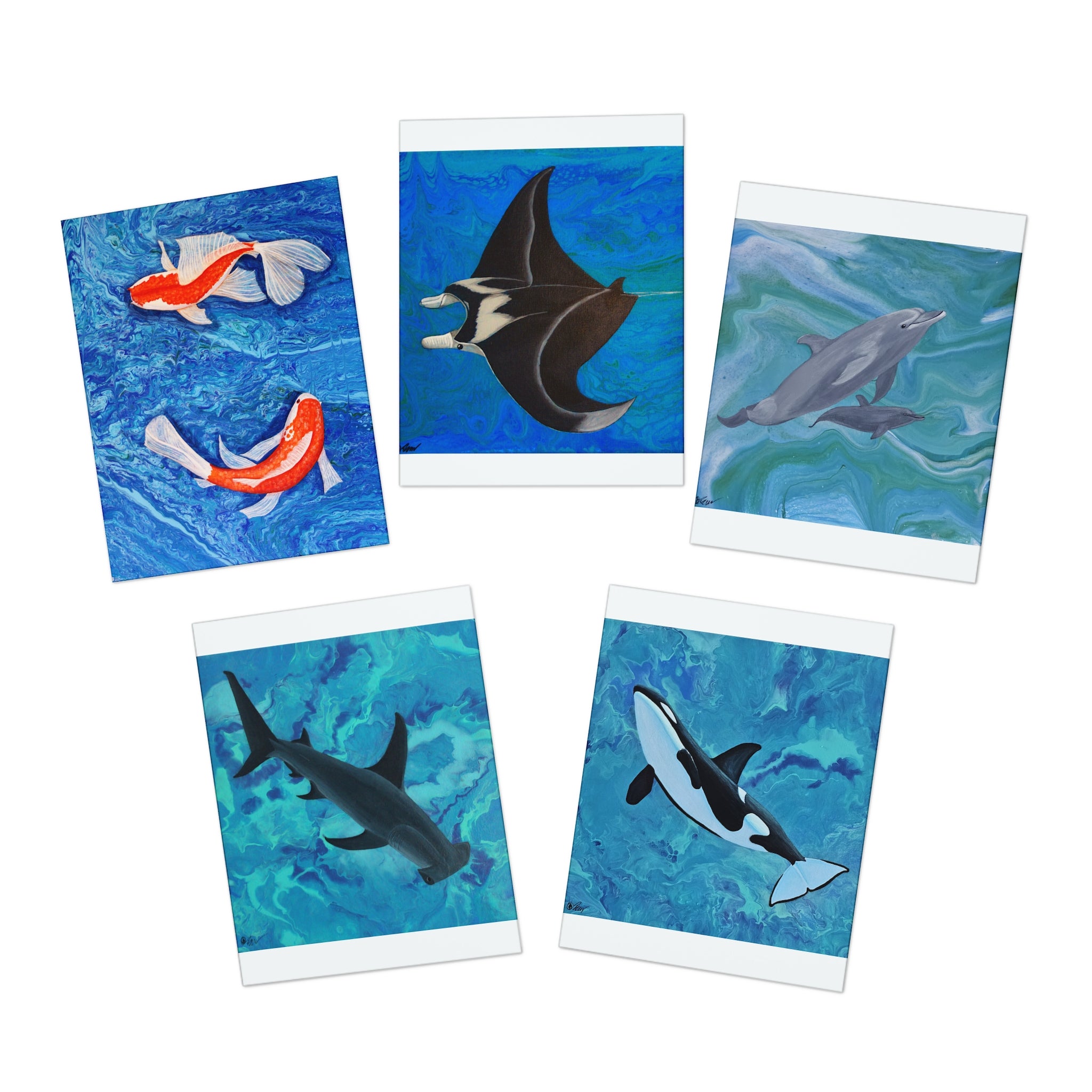 Set of five cards with ocean-themed illustrations on a white background
