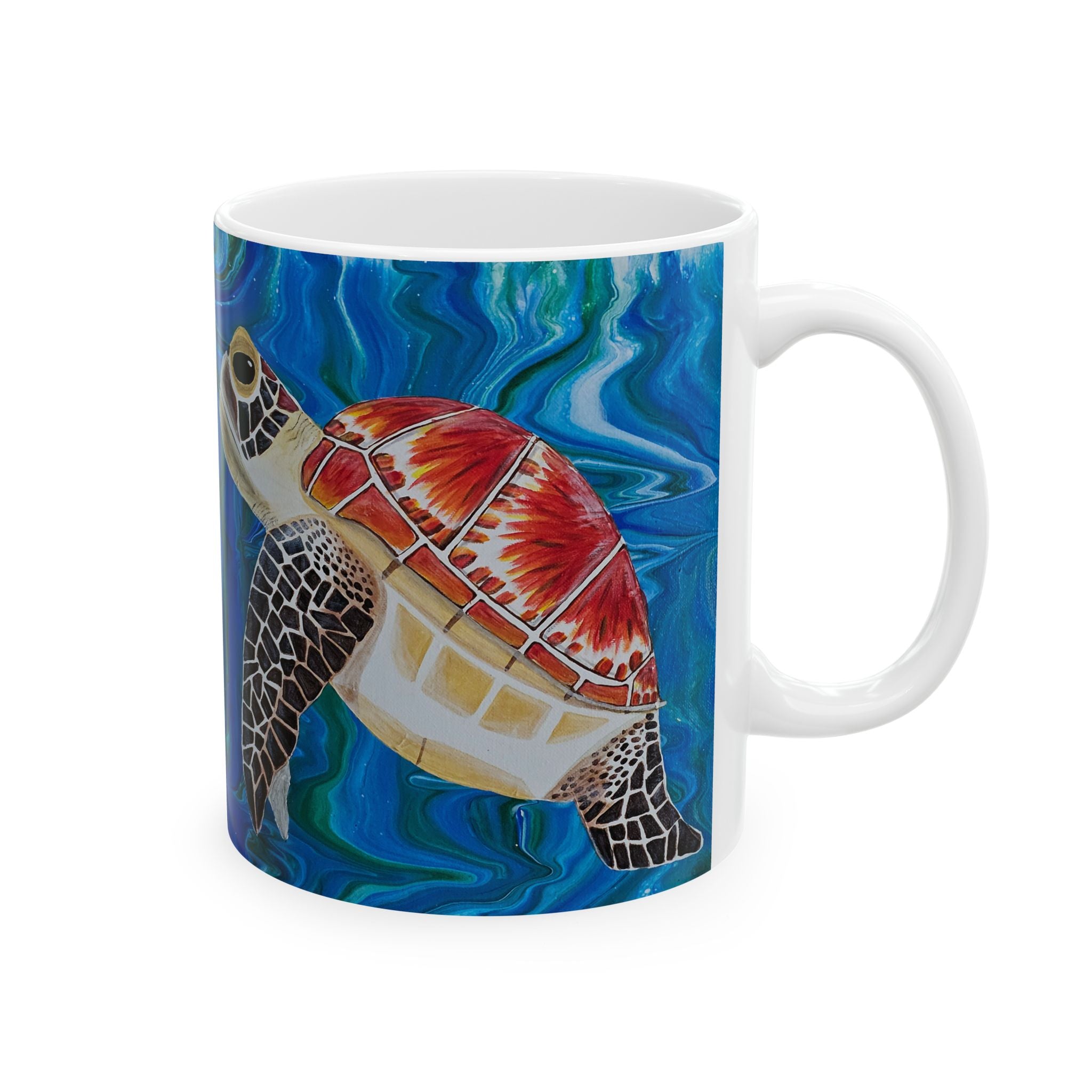 Mug with a colorful sea turtle design on a blue wave background