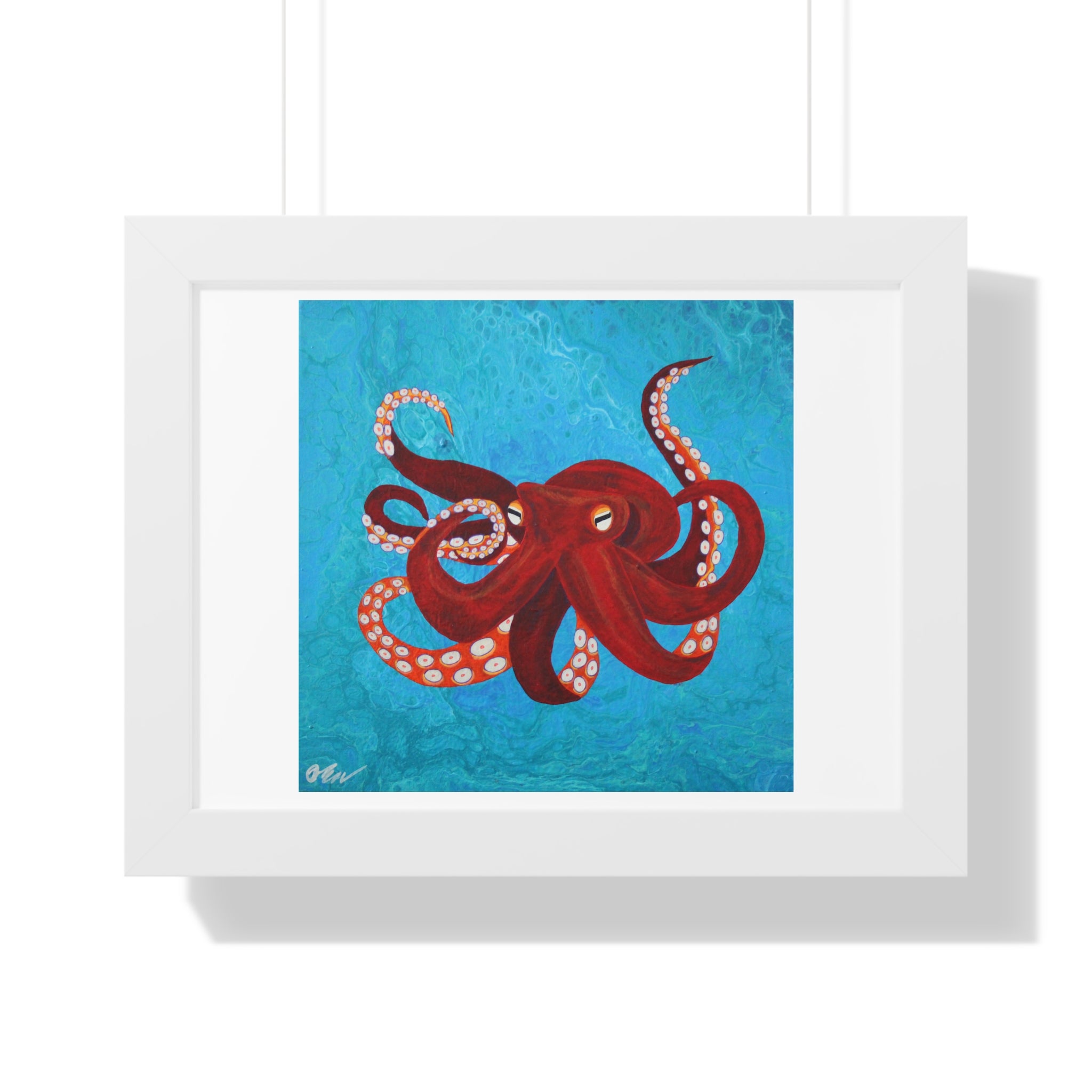 Framed artwork of a red octopus on a blue background