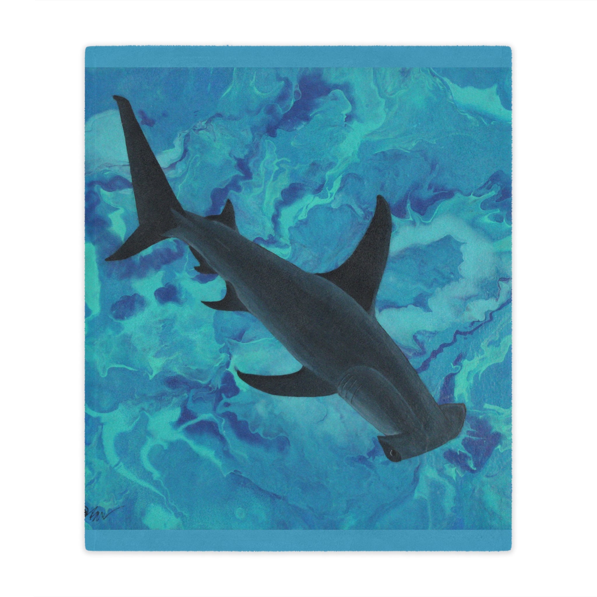 Hammerhead shark on a blue and green abstract background Blanket