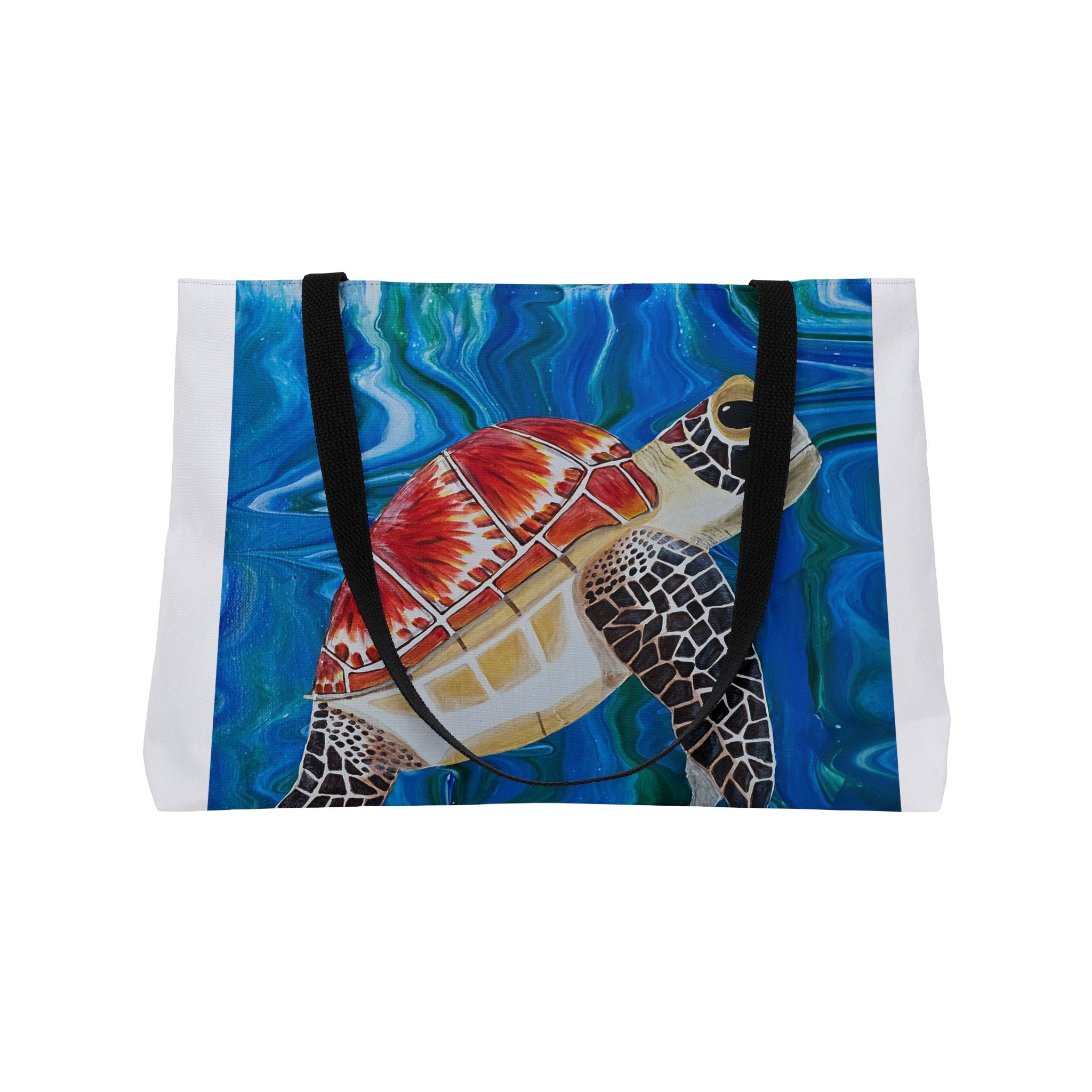 Tote bag with a turtle design on a blue water background