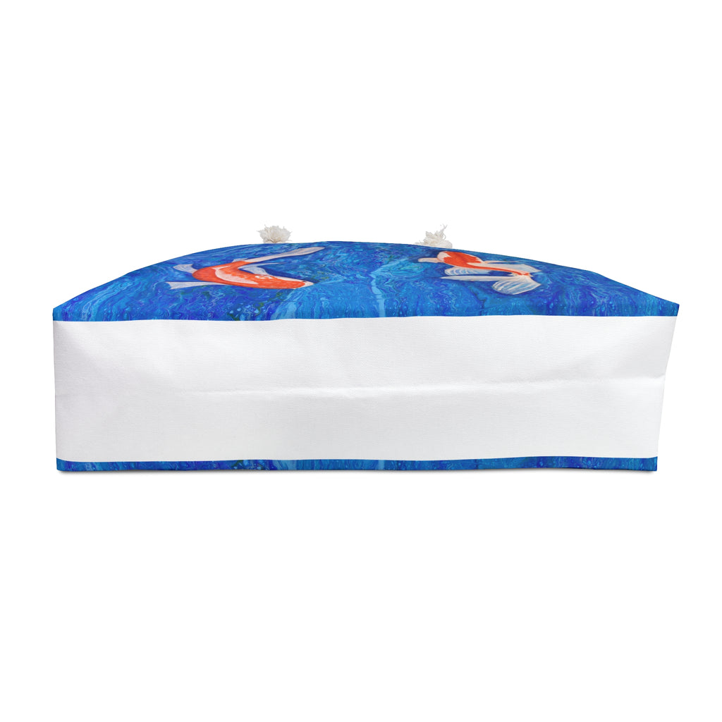bottom of bag with blue water pattern and white border on a white background