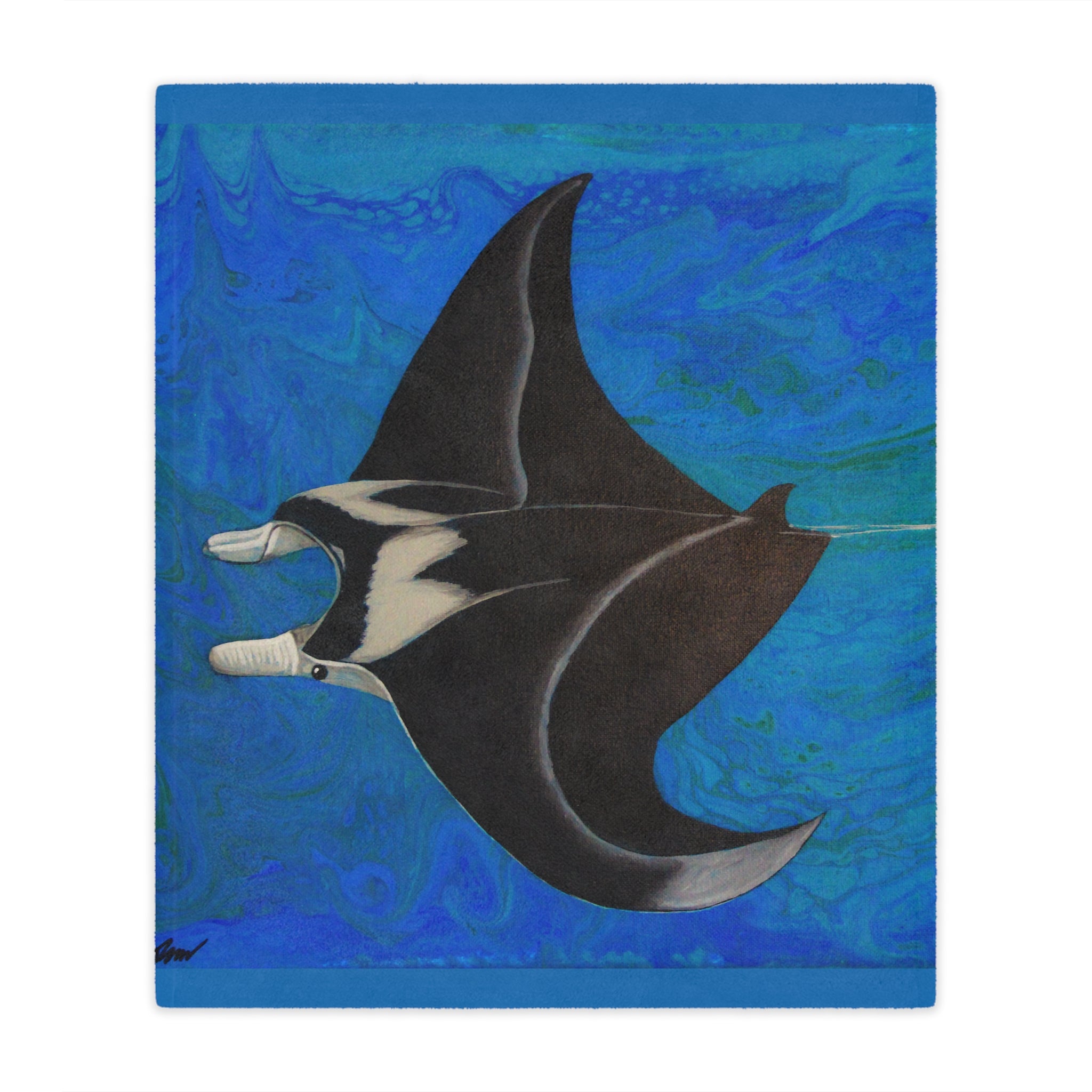 Blanket with a manta ray on a blue textured background