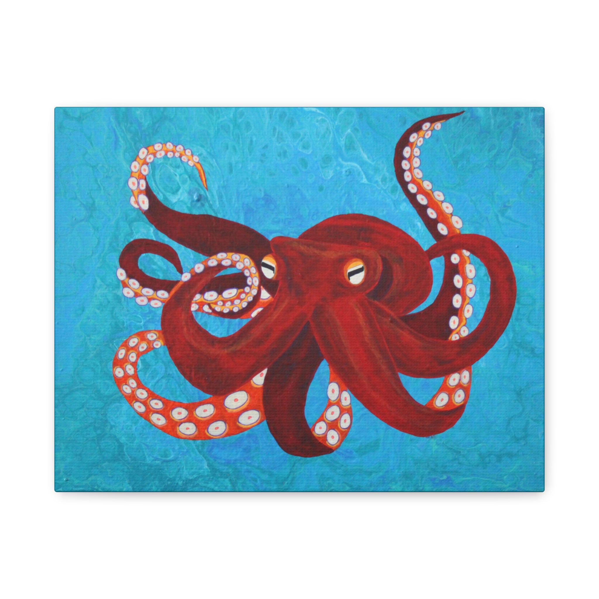 Painting of a red octopus on a blue textured background