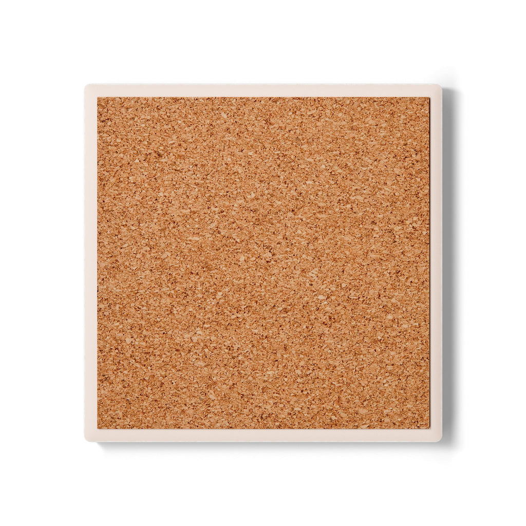 Cork back of coaster with a white frame on a white background